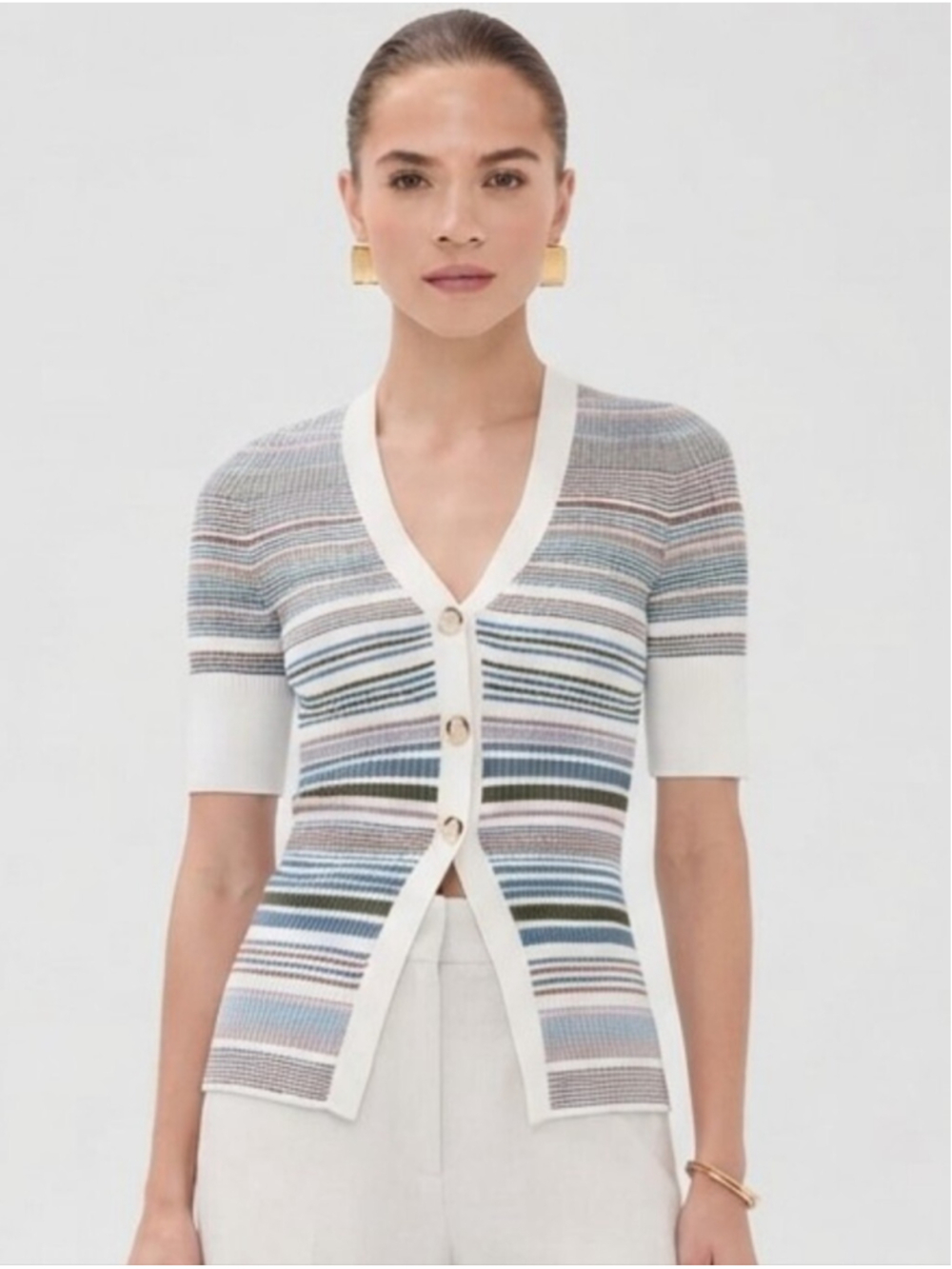 Veronica Beard Fawne Ribbed Short Sleeve Knit Top Cardigan Sz L Old Money Preppy